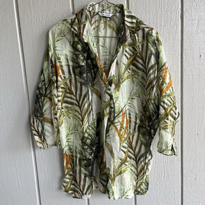 Caliban Italian Cotton Tropical Print Green Tunic Shirt Swim Coverup Size 44